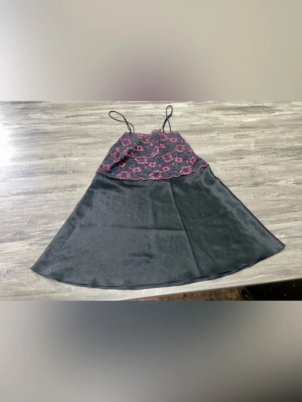 Jones New York Black Satin Slip with Romantic Pink Lace Overlay
